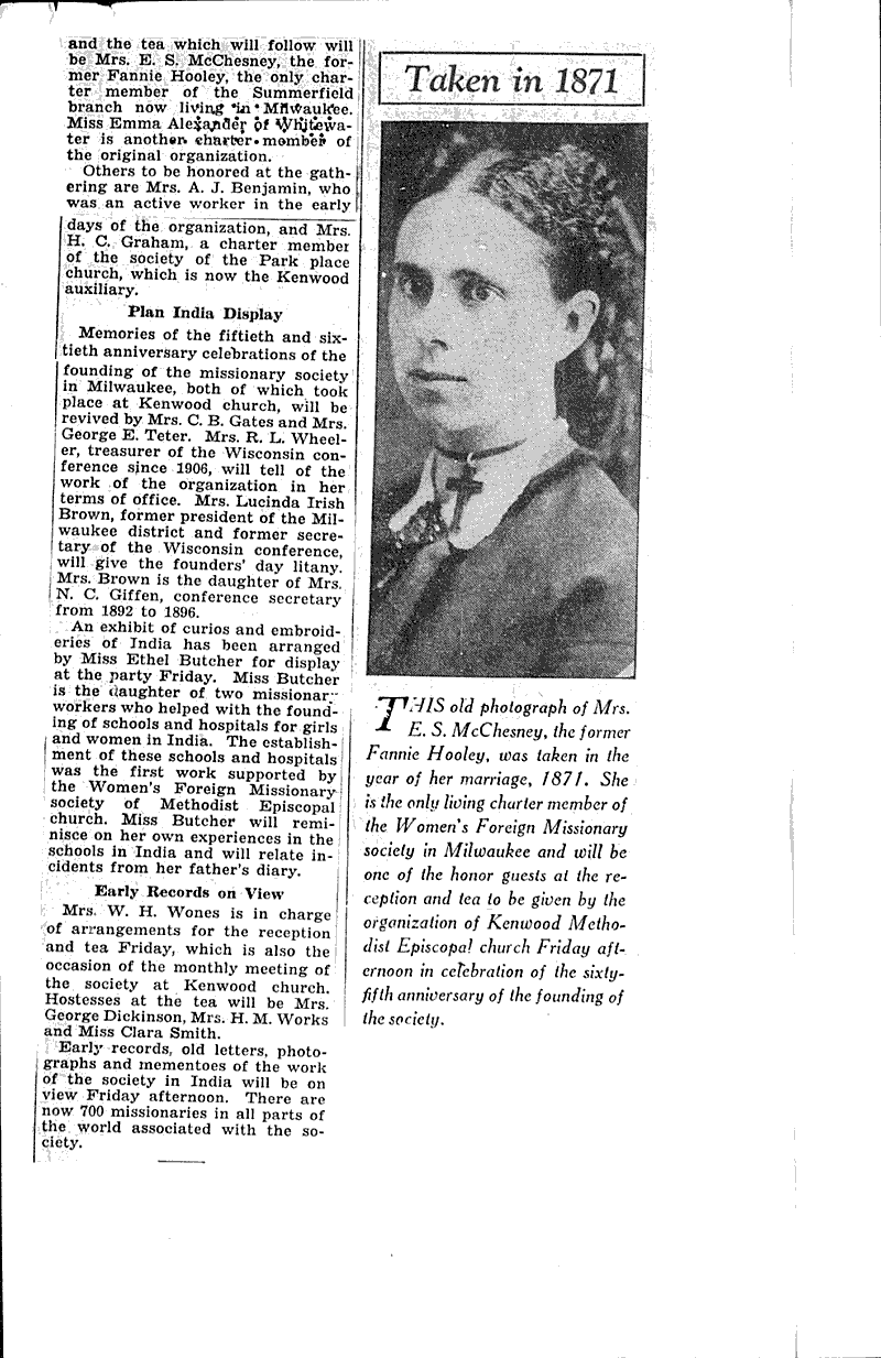 Methodist woman's missionary society will recall 65-year history Source: Milwaukee Journal Topics: Church History Date: 1934-03-22