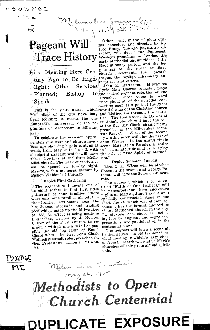 Pageant will trace history Source: Milwaukee Journal Topics: Church History Date: 1935-05-11