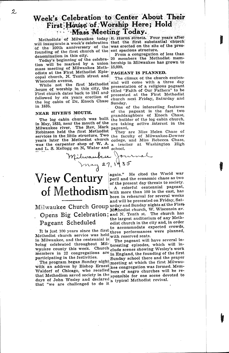 Pageant will trace history Source: Milwaukee Journal Topics: Church History Date: 1935-05-11
