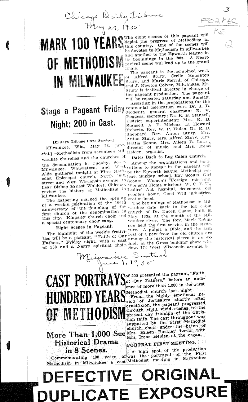 Pageant will trace history Source: Milwaukee Journal Topics: Church History Date: 1935-05-11