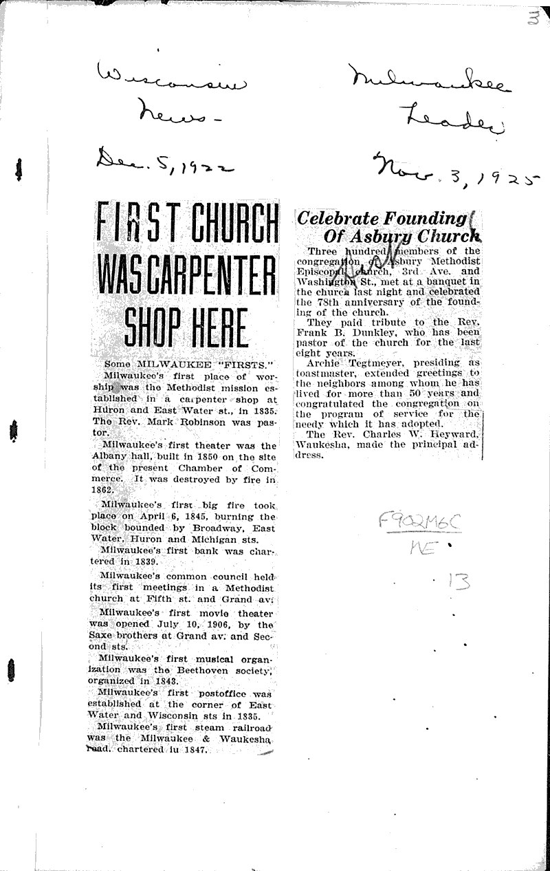  Source: Milwaukee Journal Topics: Church History Date: 1921-11-11