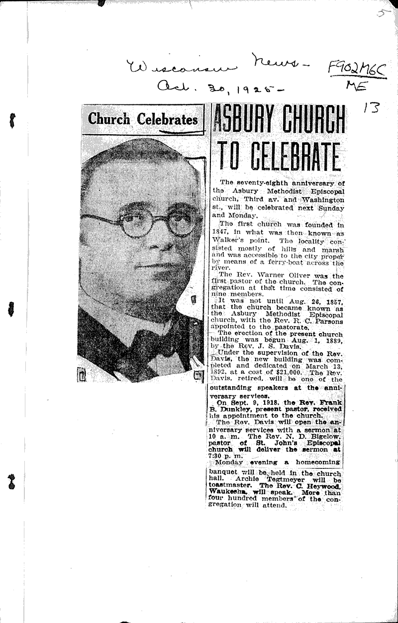  Source: Wisconsin News Topics: Church History Date: 1925-10-30
