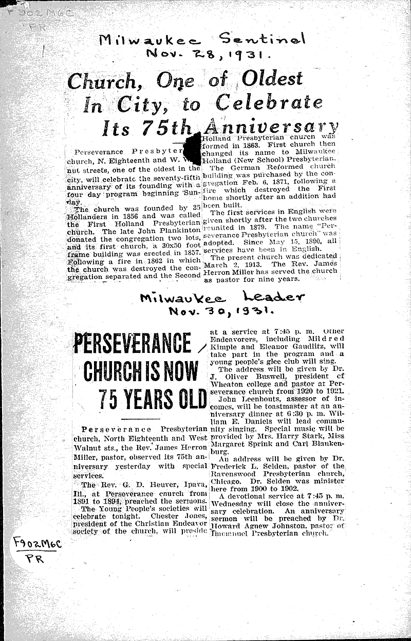 Source: Milwaukee Sentinel Topics: Church History Date: 1931-11-28