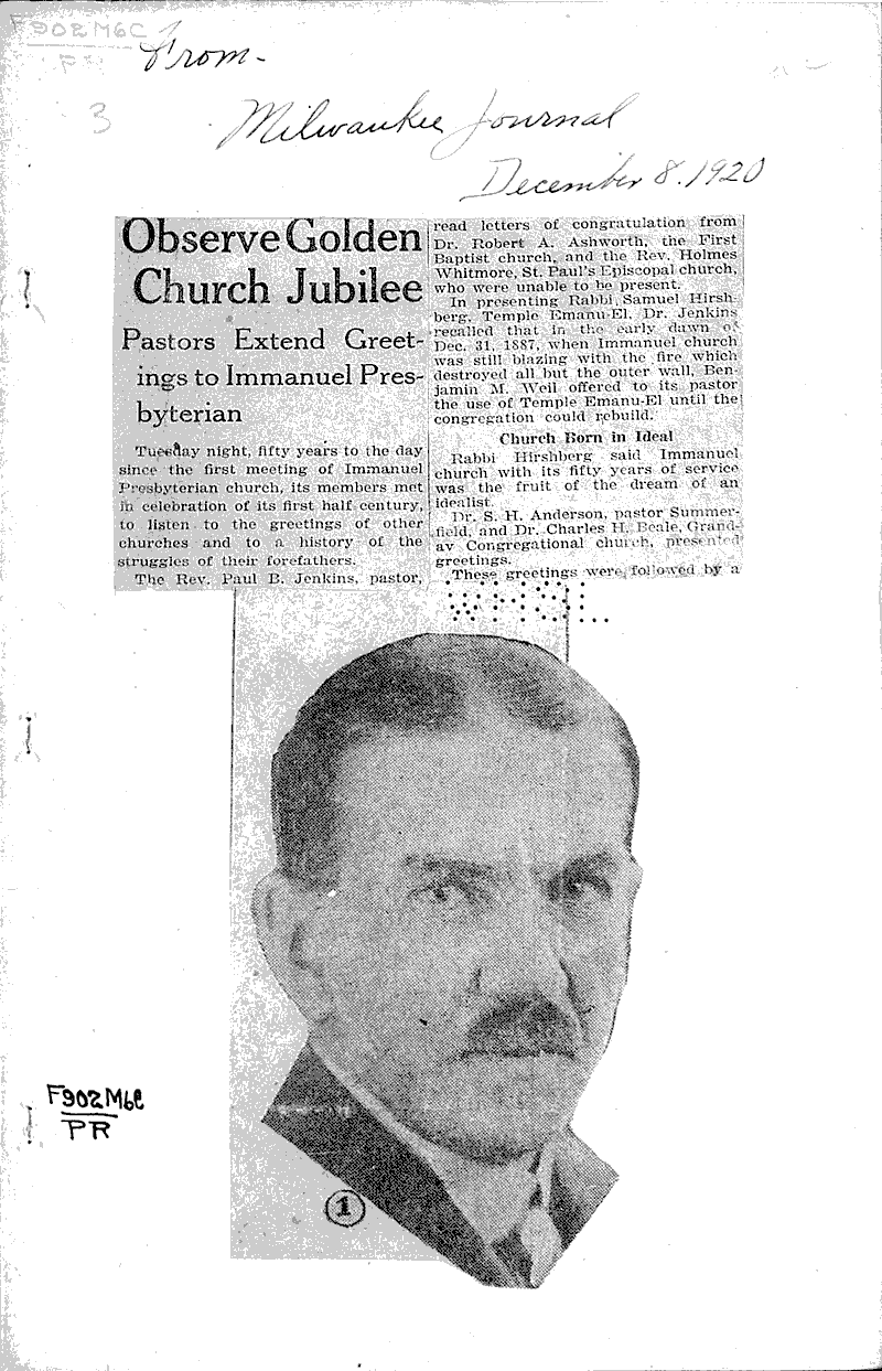  Source: Milwaukee Journal Topics: Church History Date: 1920-12-08