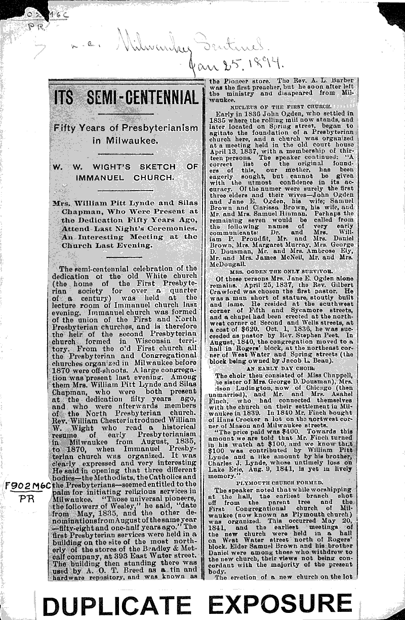  Source: Milwaukee Sentinel Topics: Church History Date: 1894-01-25