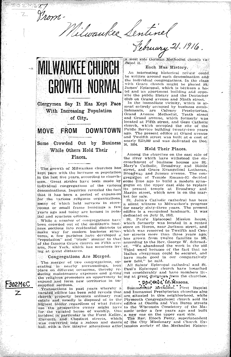  Source: Milwaukee Sentinel Topics: Church History Date: 1916-02-21