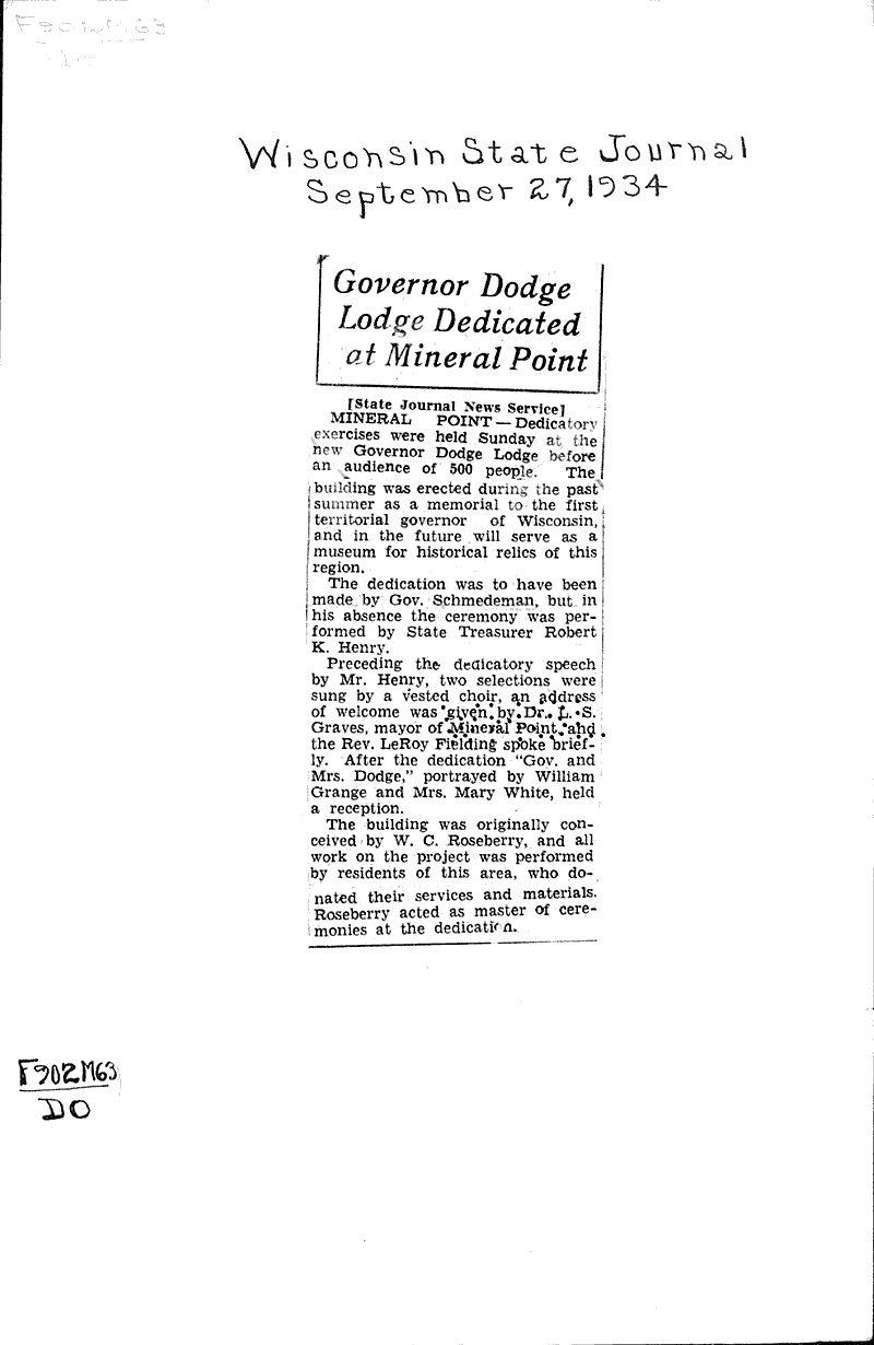 Governor Dodge lodge dedicated at Mineral Point Newspaper Article