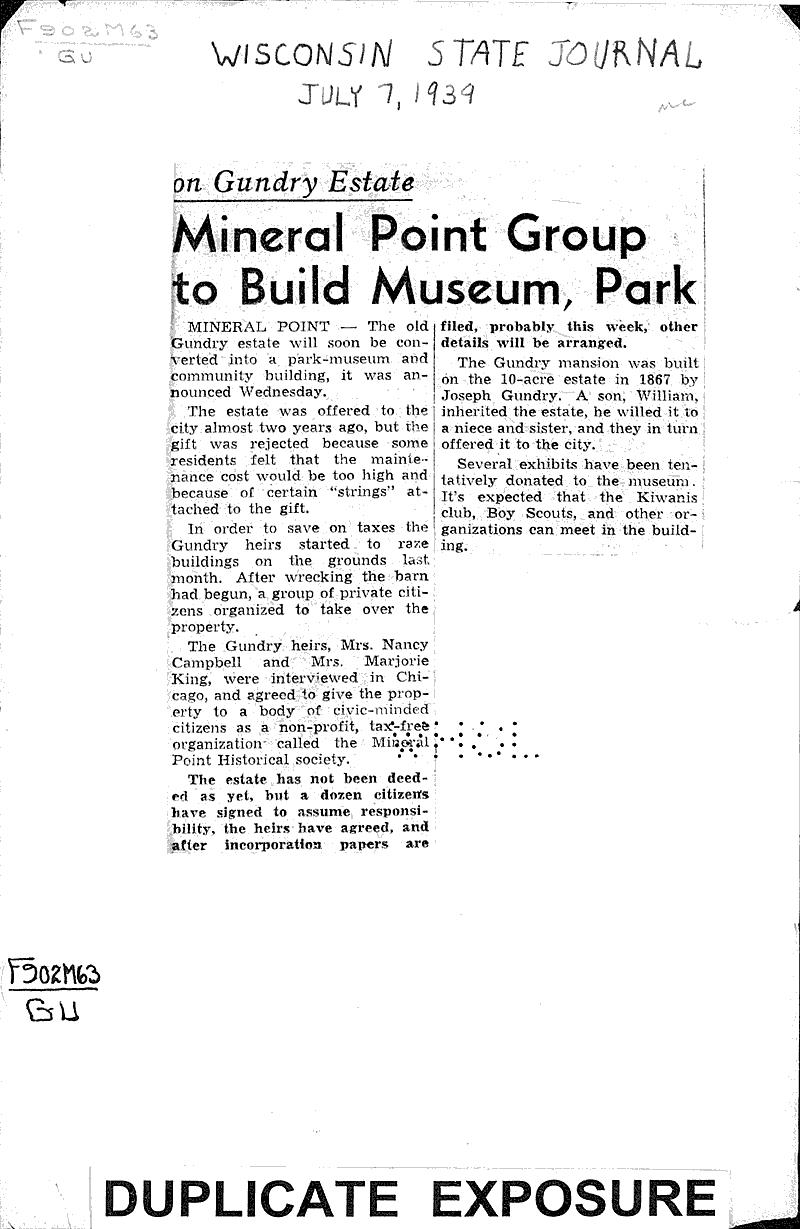 Mineral Point group to build museum park Newspaper Article/Clipping