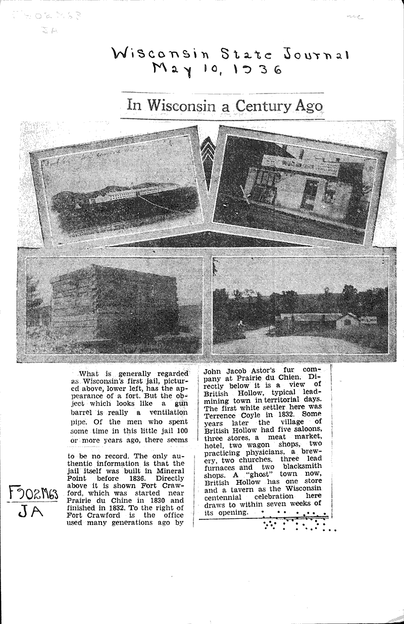 In Wisconsin a century ago Newspaper Article/Clipping Wisconsin Historical Society