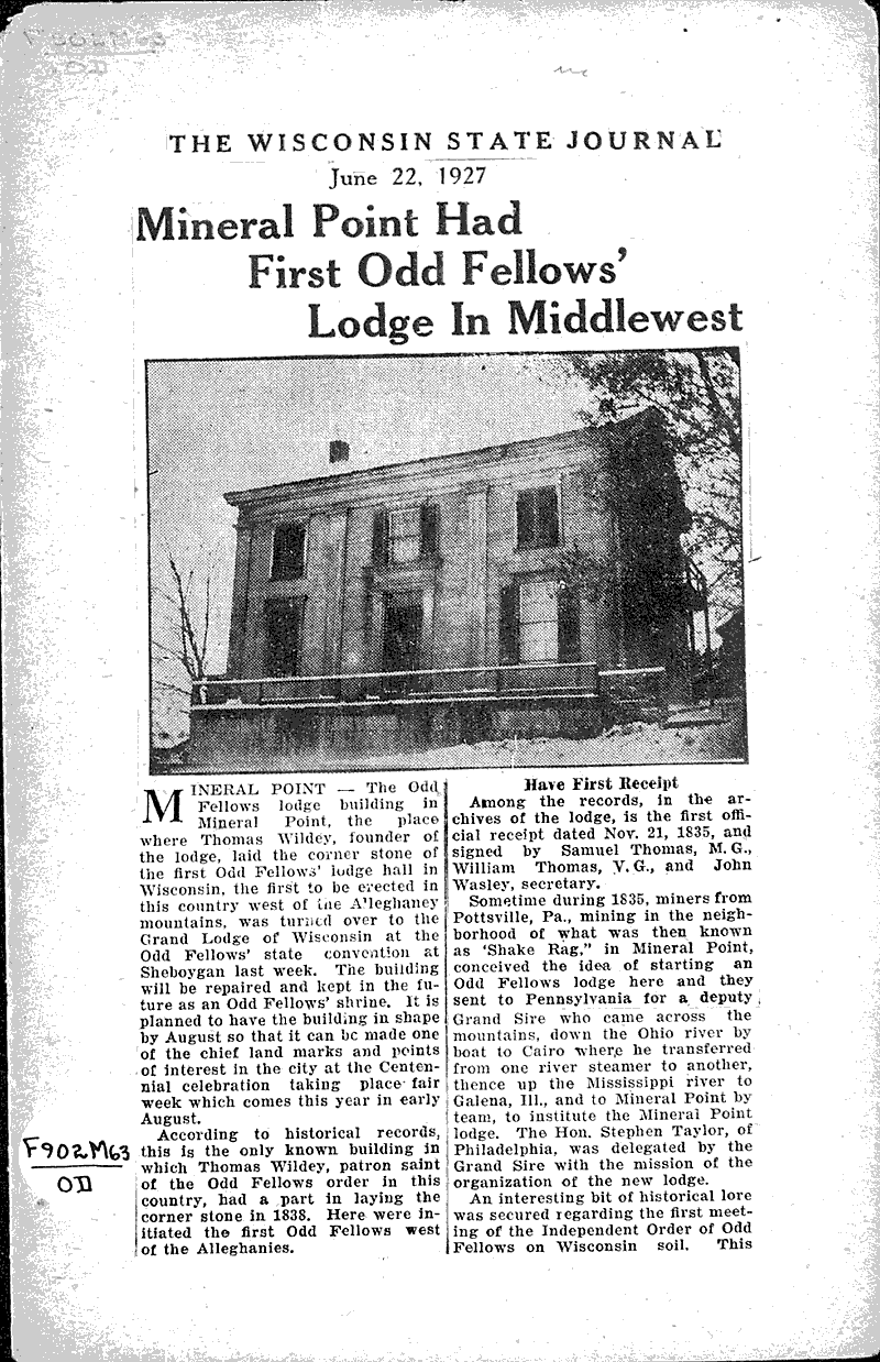 Mineral Point had first Odd Fellows' lodge in Middlewest Newspaper