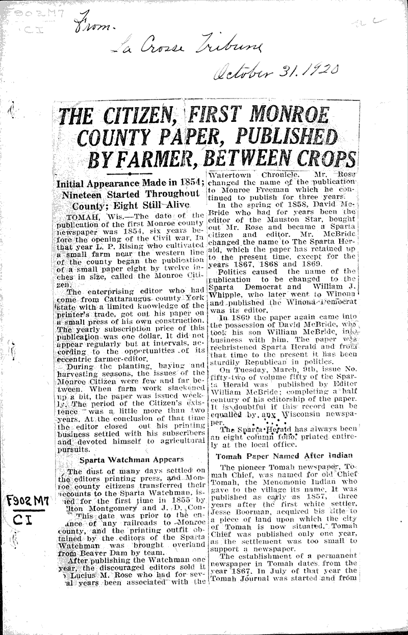 Source: LaCrosse Tribune Topics: Industry Date: 1920-10-31