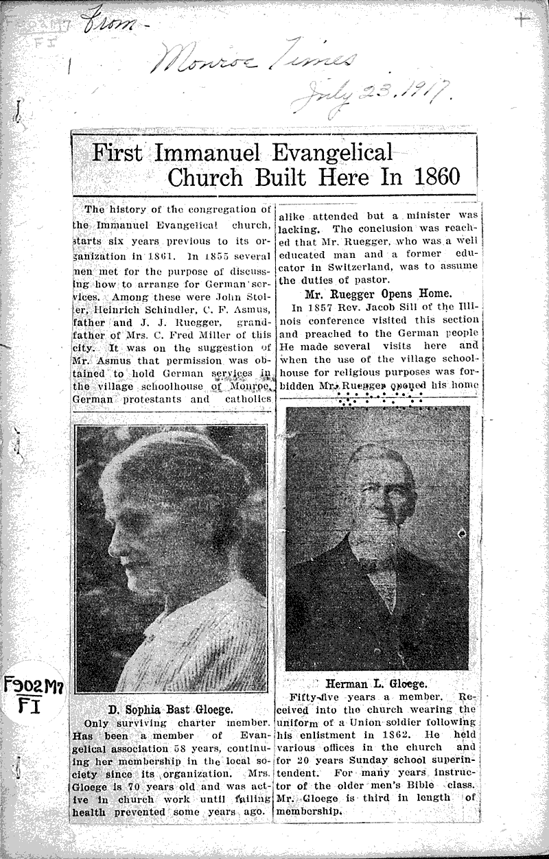  Source: Monroe Times Topics: Church History Date: 1917-07-23