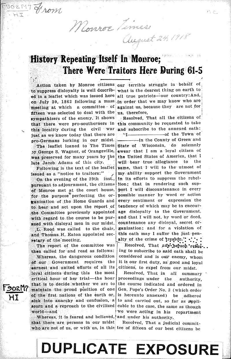  Source: Monroe Times Topics: Government and Politics Date: 1918-08-24