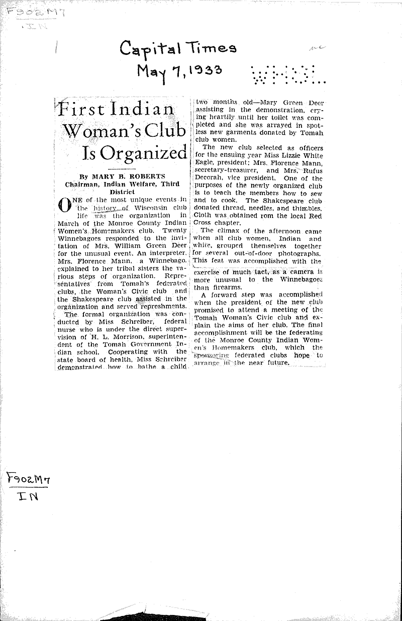  Source: Capital Times Topics: Indians and Native Peoples Date: 1933-05-07