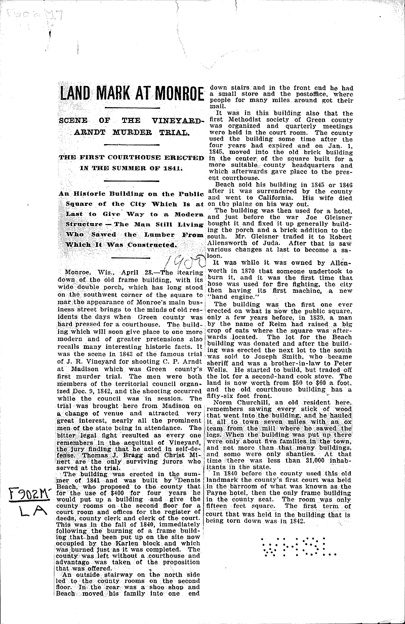 Land mark at Monroe Newspaper Article/Clipping Wisconsin Historical