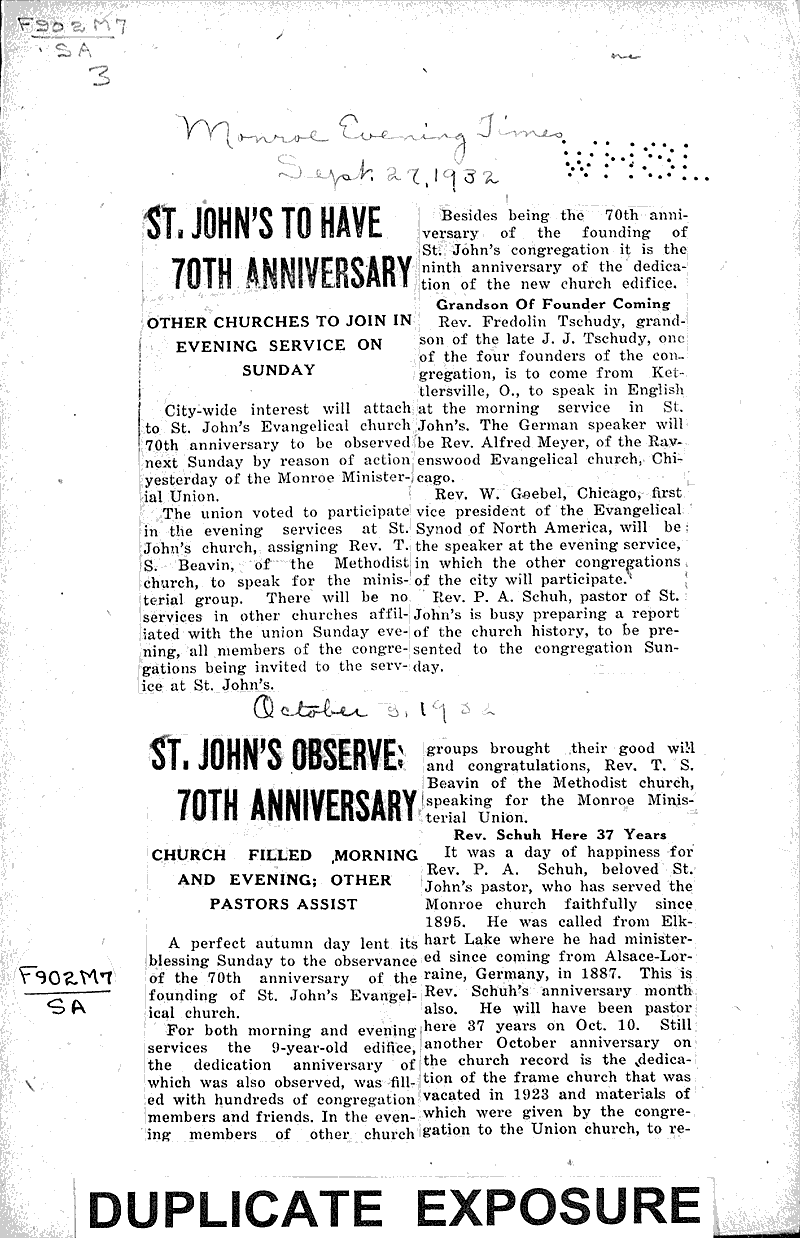 St. John's observe; 70th anniversary Newspaper Article/Clipping
