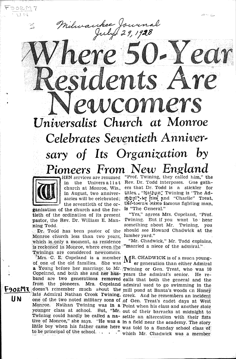  Source: Milwaukee Journal Topics: Church History Date: 1928-07-29