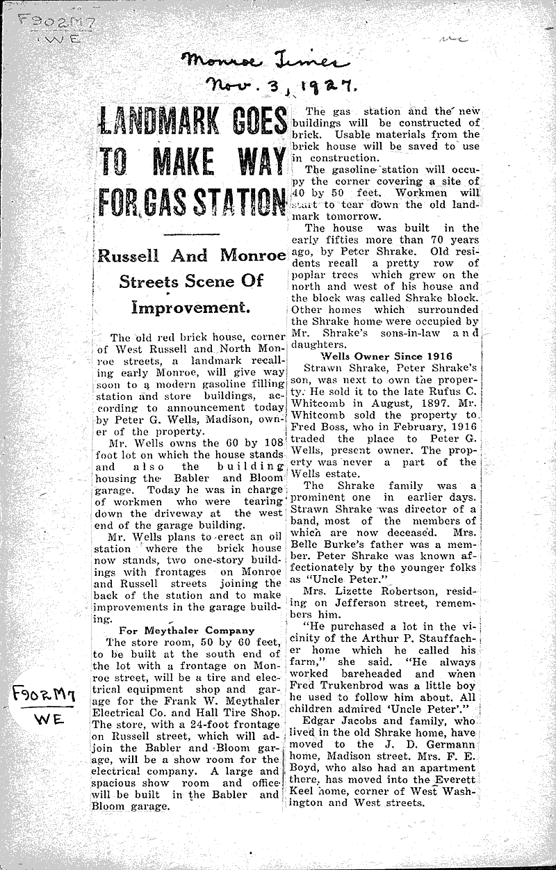 Landmark goes to make way for gas station Source: Monroe Times Topics: Architecture Date: 1927-11-03