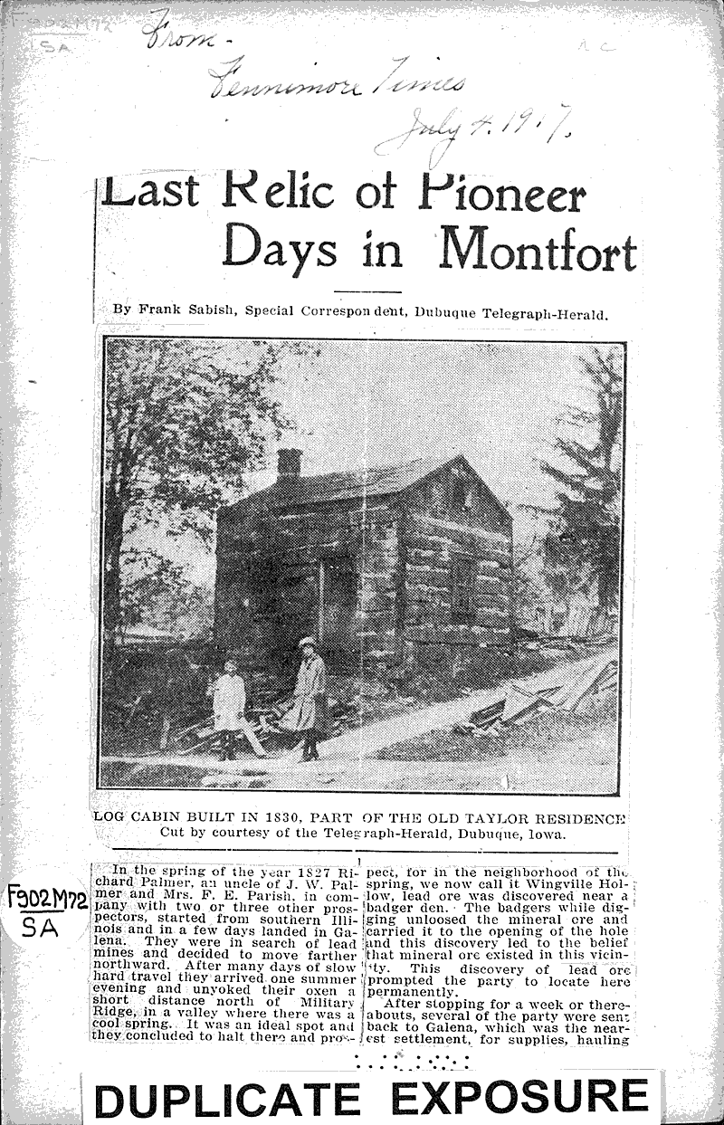 Last relic of pioneer days in Montfort Newspaper Article/Clipping