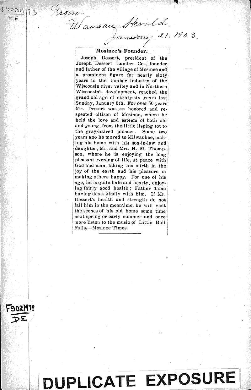 Mosinee's Founder Newspaper Article/Clipping Wisconsin Historical