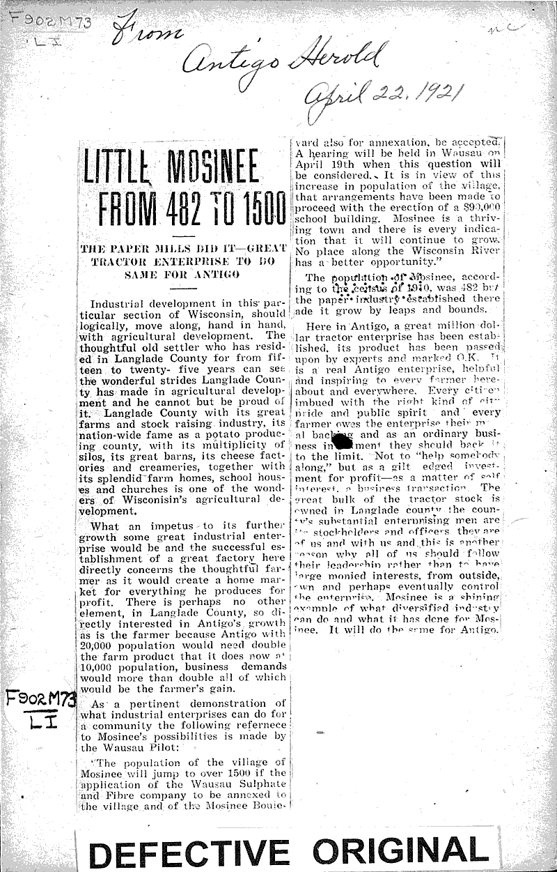  Source: Antigo Herald Topics: Industry Date: 1921-04-22