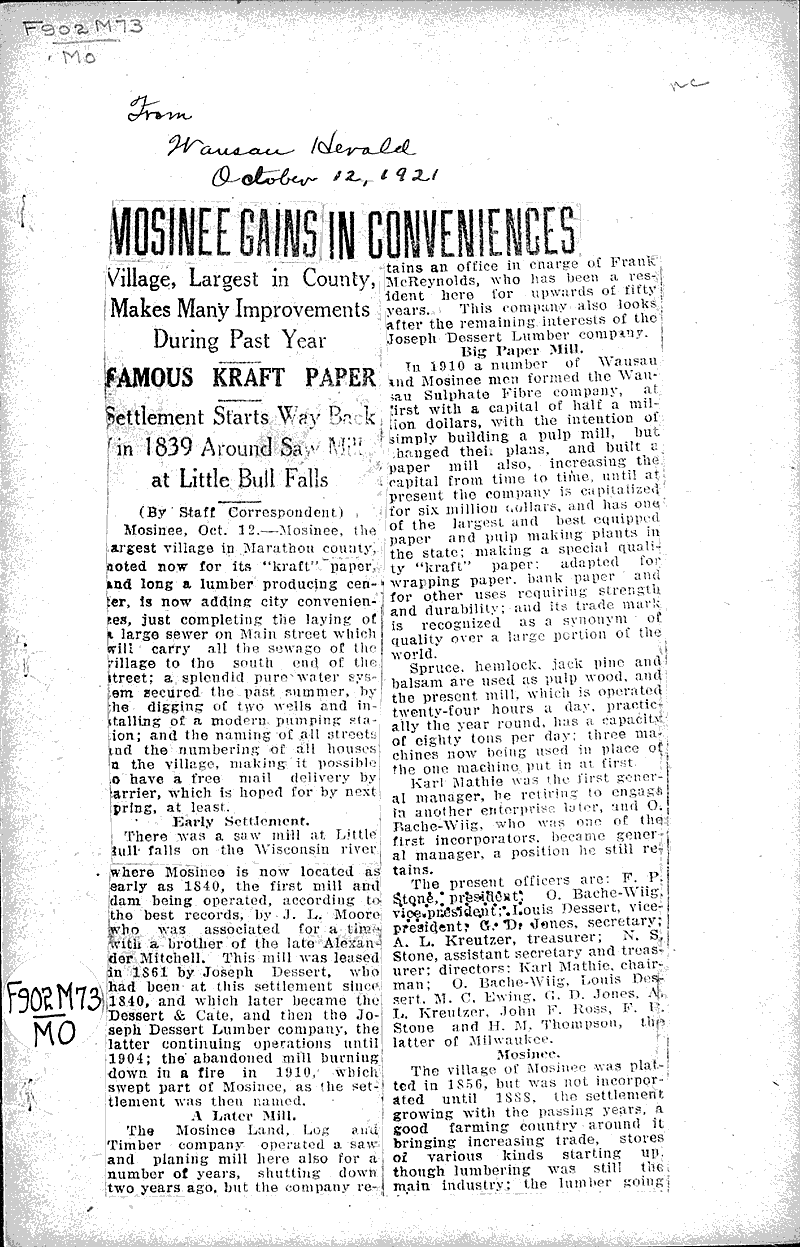 Mosinee gains in conveniences Newspaper Article/Clipping Wisconsin