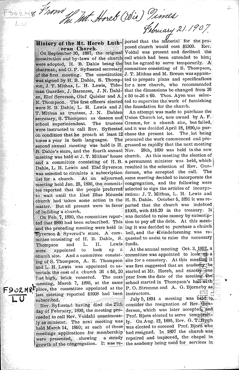  Source: Mount Horeb Times Topics: Church History Date: 1907-02-21