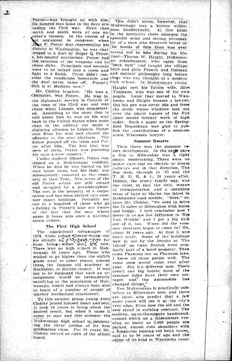 Mukwonago's growth from pioneer days Newspaper Article/Clipping