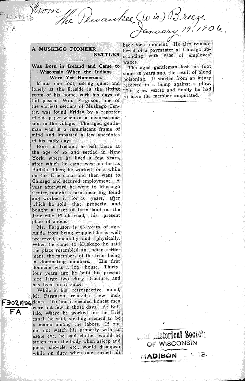 A Muskego pioneer settler Newspaper Article/Clipping Wisconsin