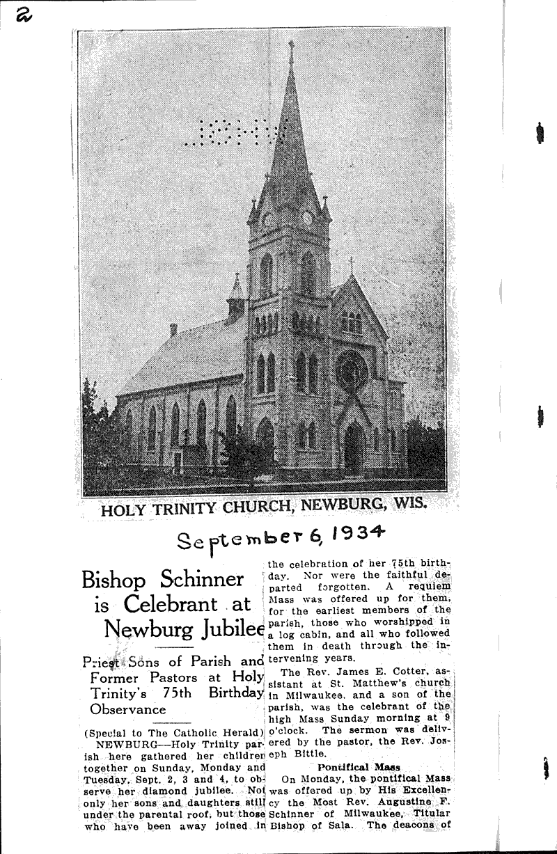 Bishop Schinner is celebrant at Newburg jubilee Source: Catholic Herald Topics: Church History Date: 1934-09-06