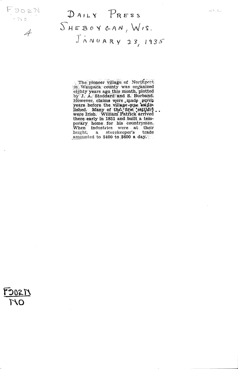 [Northport organized 80 years ago this month] Newspaper Article