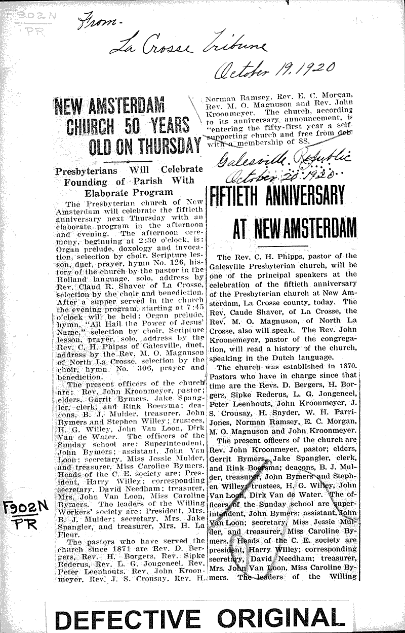  Source: La Crosse Tribune Topics: Church History Date: 1920-10-19