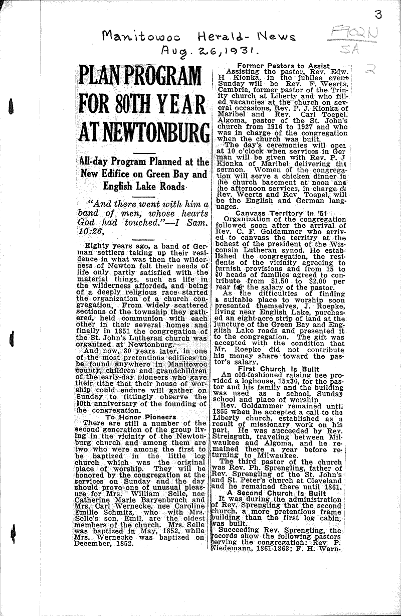 Plan program for 80th year at Newtonburg Source: Manitowoc Herald-News Topics: Immigrants Date: 1931-08-26