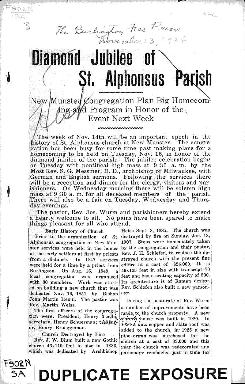 Diamond jubilee of St. Alphonsus Parish Source: Burlington Free Press Topics: Church History Date: 1926-11-13