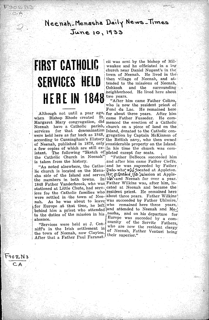 First Catholic services held here in 1848 Newspaper Article/Clipping