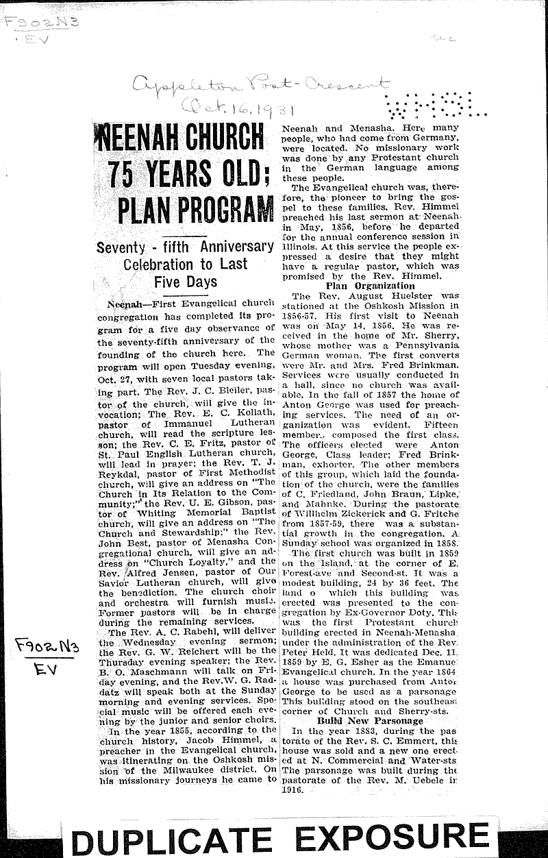  Source: Appleton Post-Crescent Topics: Church History Date: 1931-10-16