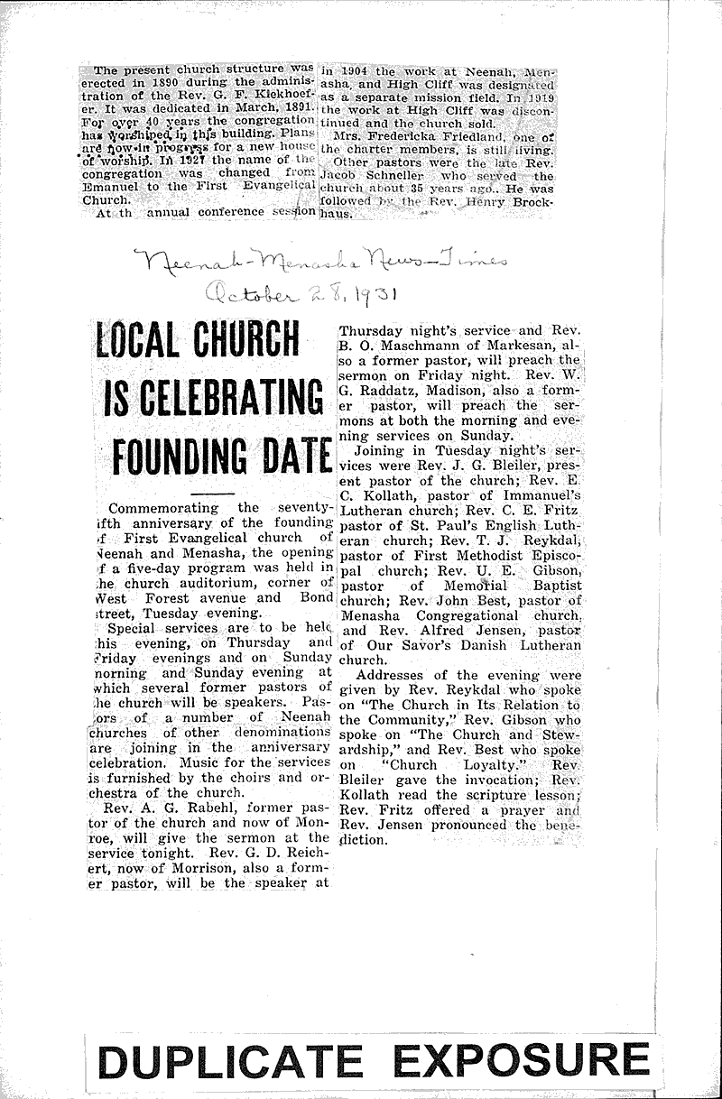  Source: Appleton Post-Crescent Topics: Church History Date: 1931-10-16