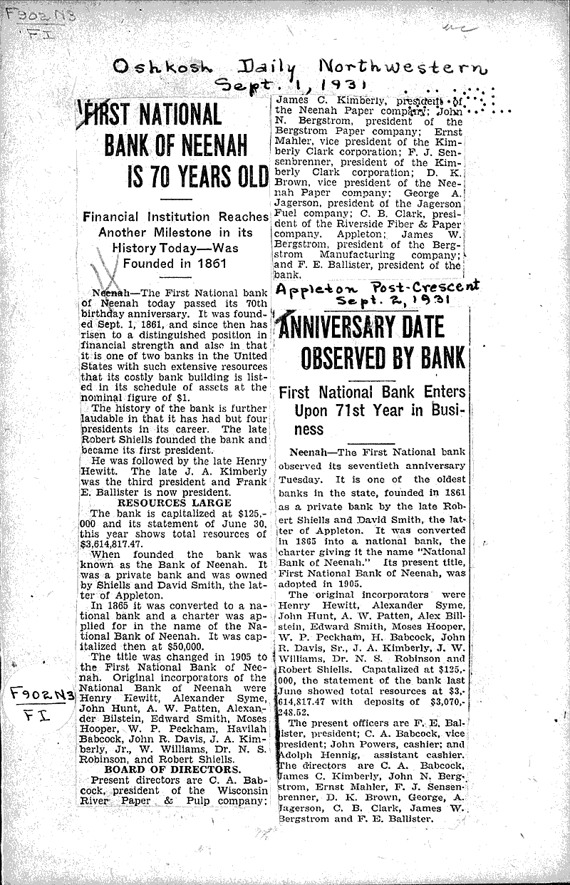  Source: Oshkosh Daily Northwestern Topics: Industry Date: 1931-09-01