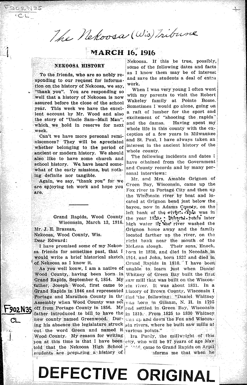 Nekoosa history Newspaper Article/Clipping Wisconsin Historical Society