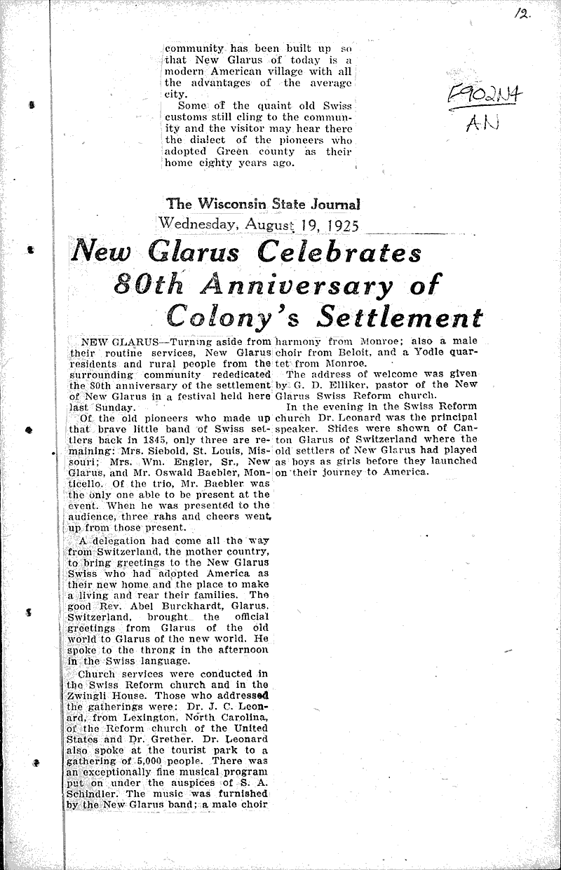 New Glarus celebrates 80th anniversary of colony's settlement