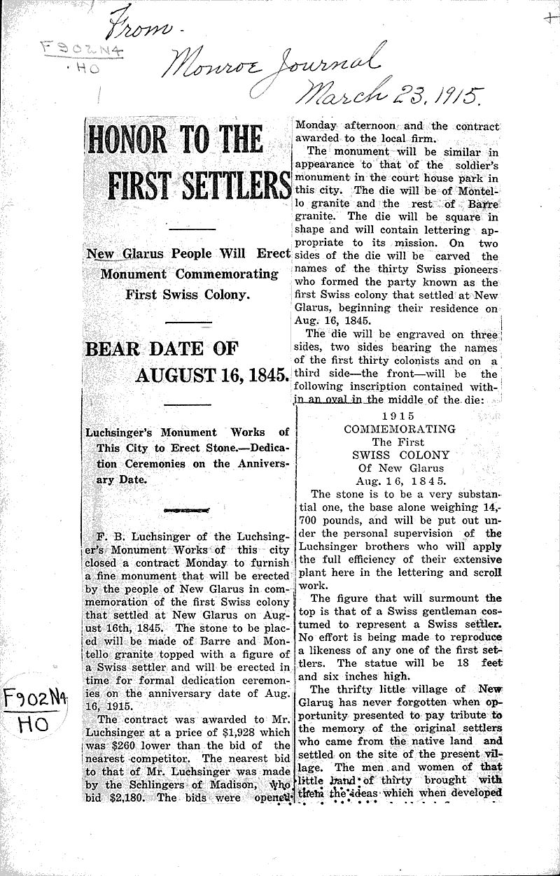 Honor to the first settlers Newspaper Article/Clipping Wisconsin Historical Society