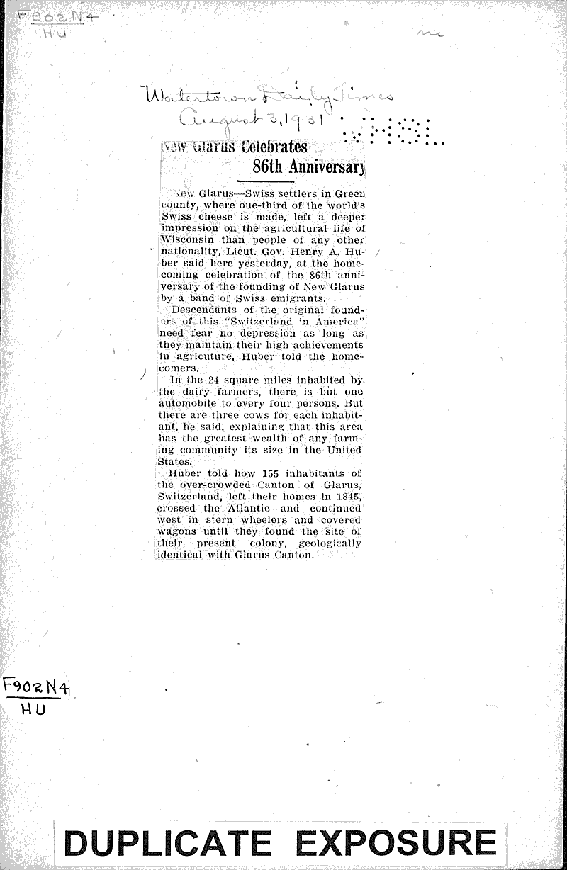 New Glarus celebrates 86th Anniversary Newspaper Article/Clipping