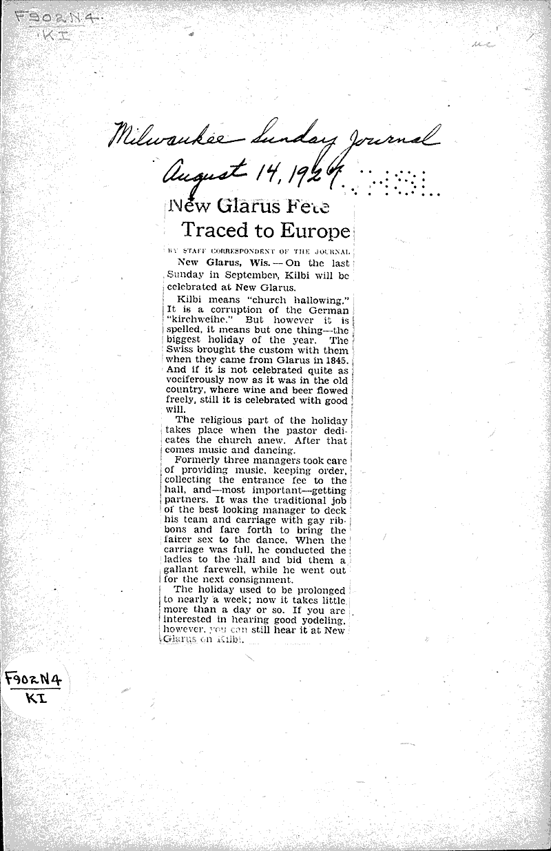 New Glarus Fete traced to Europe Newspaper Article/Clipping