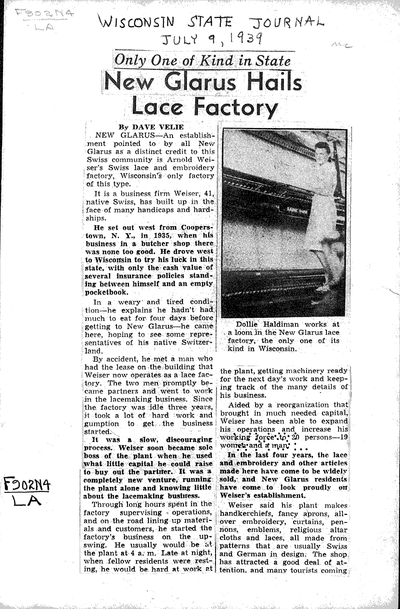 New Glarus hails lace factory Newspaper Article/Clipping Wisconsin