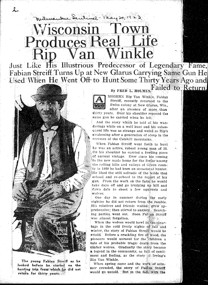 Rip Van Winkle in real life Newspaper Article/Clipping Wisconsin