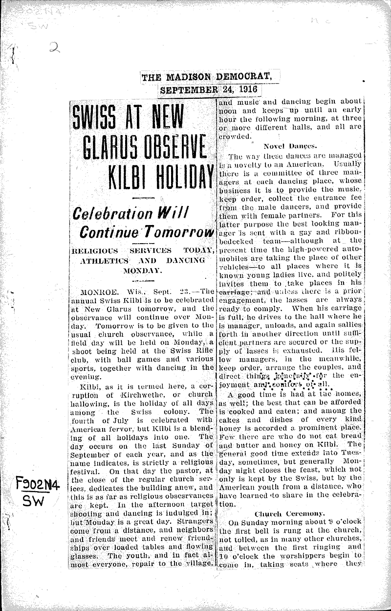 Swiss at New Glarus observe Kilbi Holiday Newspaper Article/Clipping