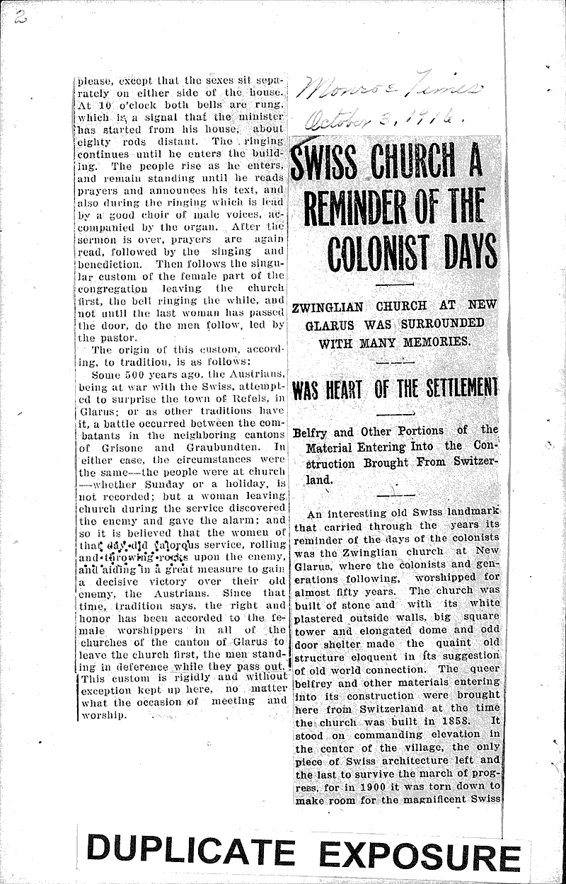  Source: Monroe Times Topics: Church History Date: 1916-10-03