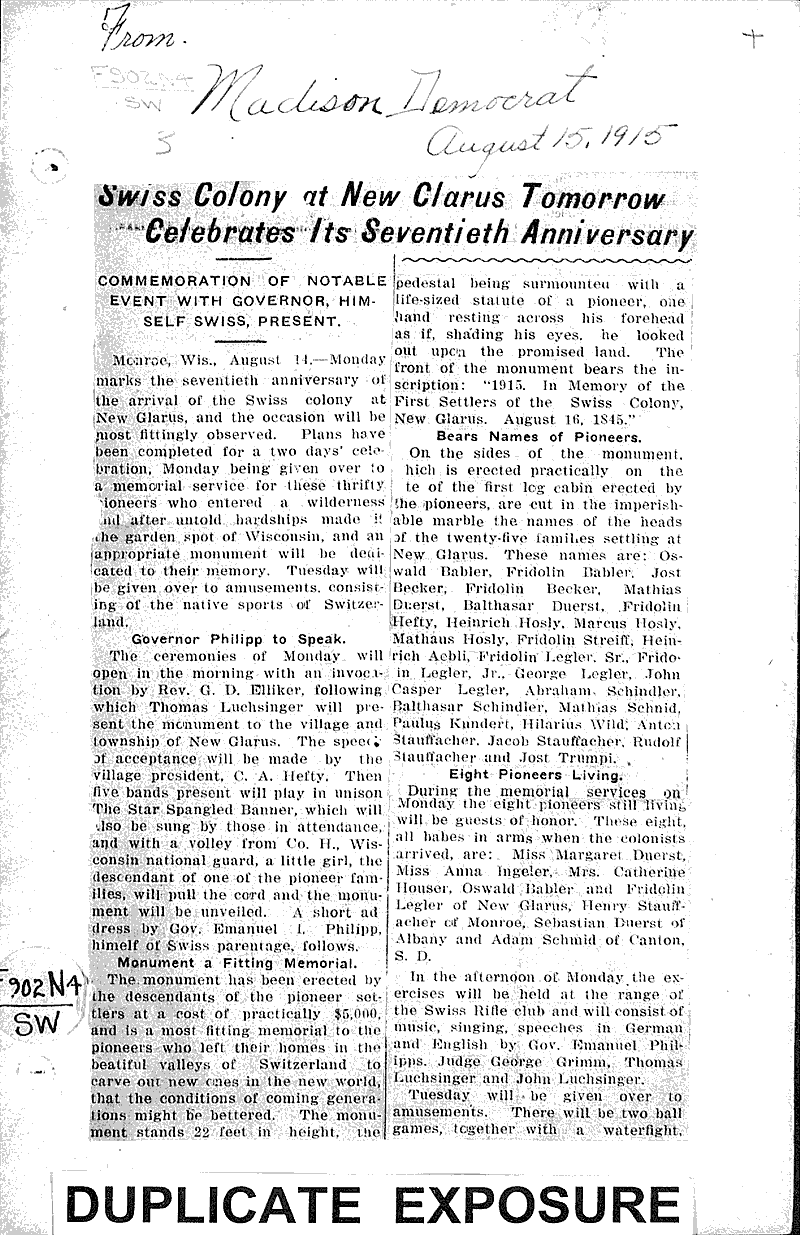 Swiss colony at New Glarus tomorrow celebrates its seventieth