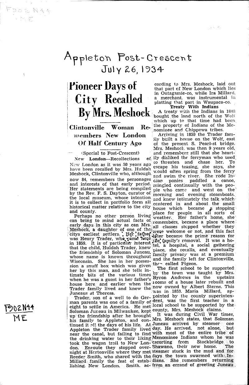 Pioneer days of city recalled by Mrs. Meshock Newspaper Article