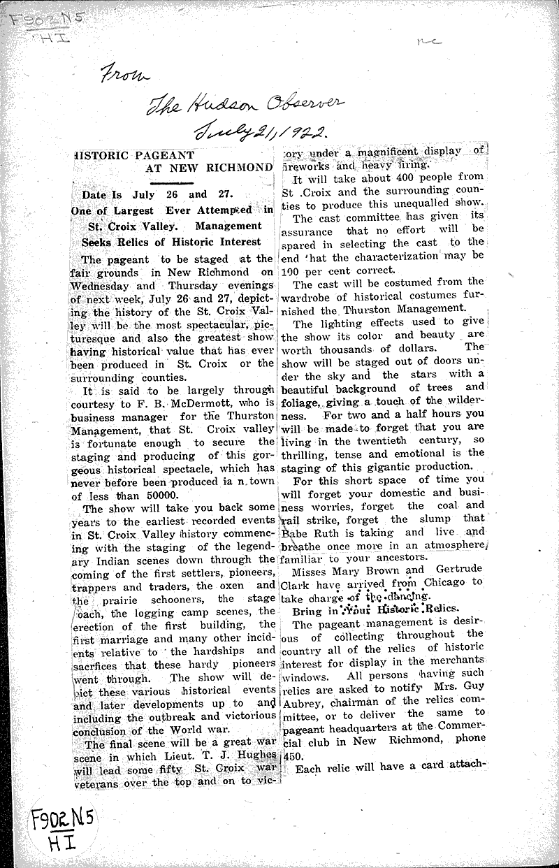 Historic pageant at New Richmond Newspaper Article/Clipping